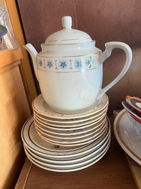 Vintage White Porcelain Teapot with Blue Floral Band - Classic Home Dining